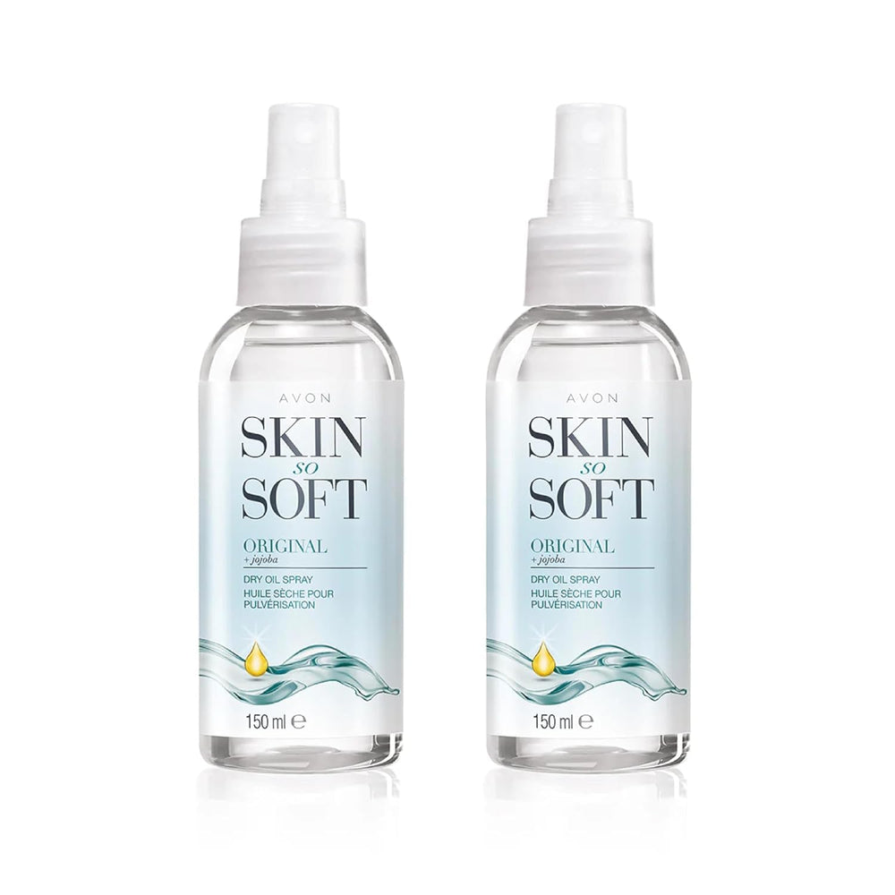 avon skin so soft front packaging showing two 150ml bottles and travel convenience
