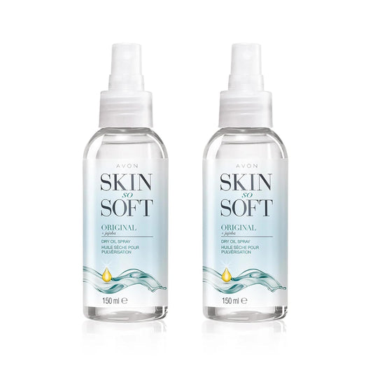 avon skin so soft front packaging showing two 150ml bottles and travel convenience