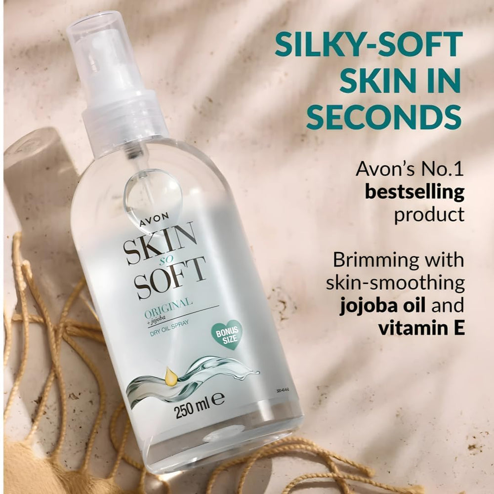 AVON SKIN SO SOFT size comparison with hand showing generous 8.45 fl.oz bottle