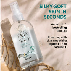 AVON SKIN SO SOFT size comparison with hand showing generous 8.45 fl.oz bottle