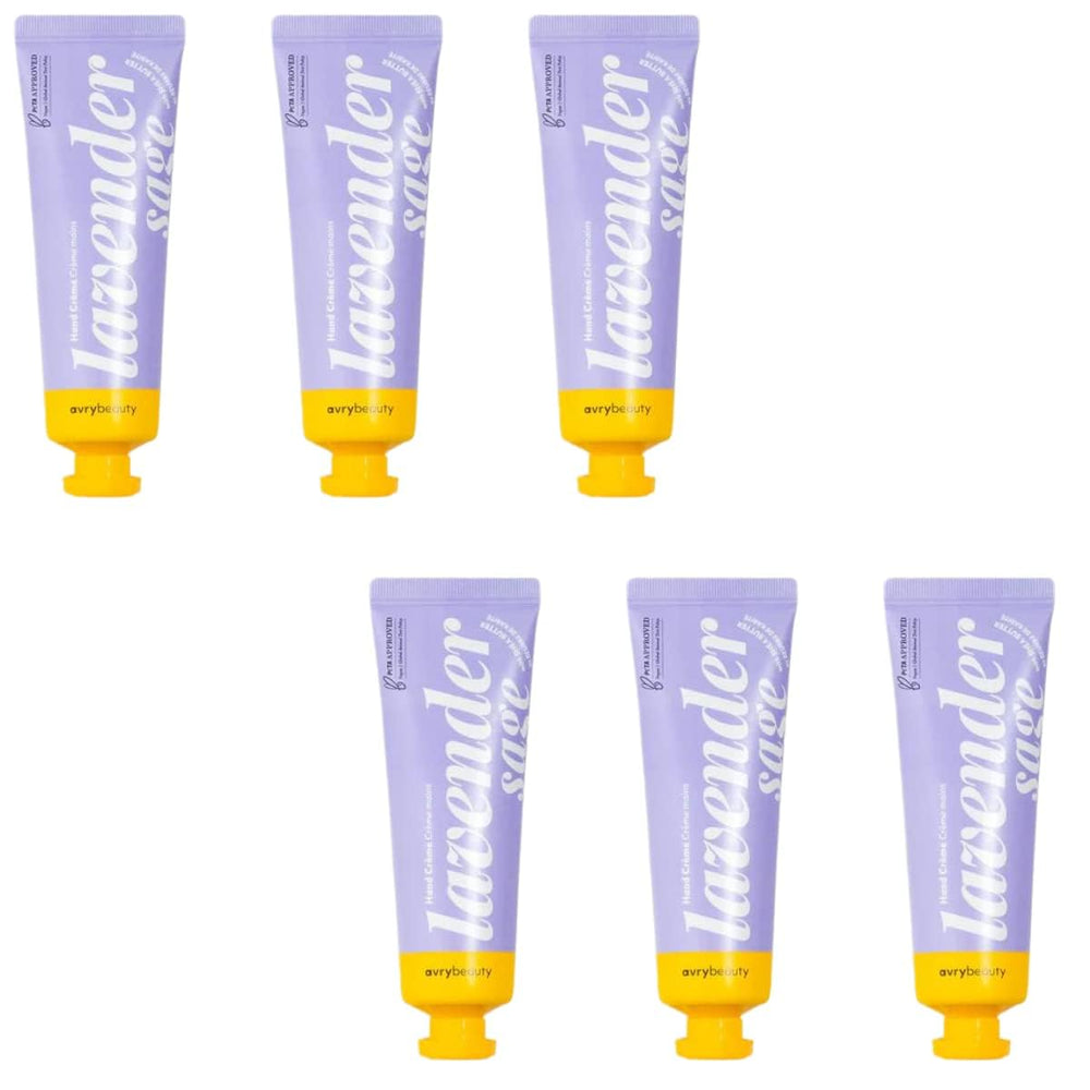 AVRYBEAUTY front packaging showing six lavender sage lotion tubes, convenient travel set benefit