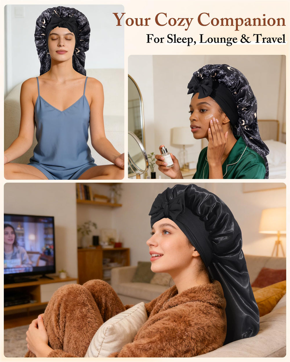 AWAYTR bonnet laid flat displaying generous 27-inch length to hold long hair
