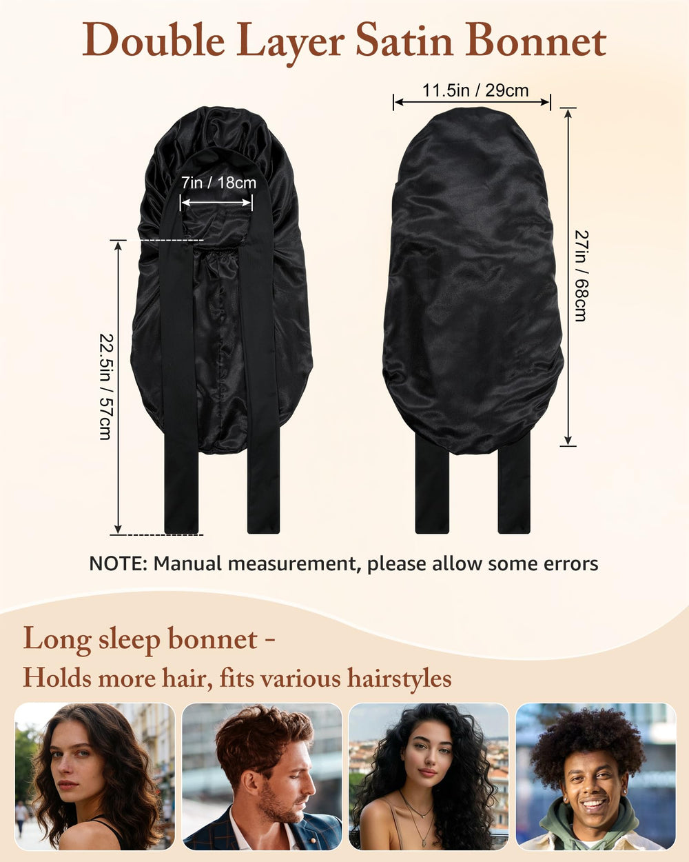 AWAYTR bonnet beside ruler showing 27-inch length for long hair benefit
