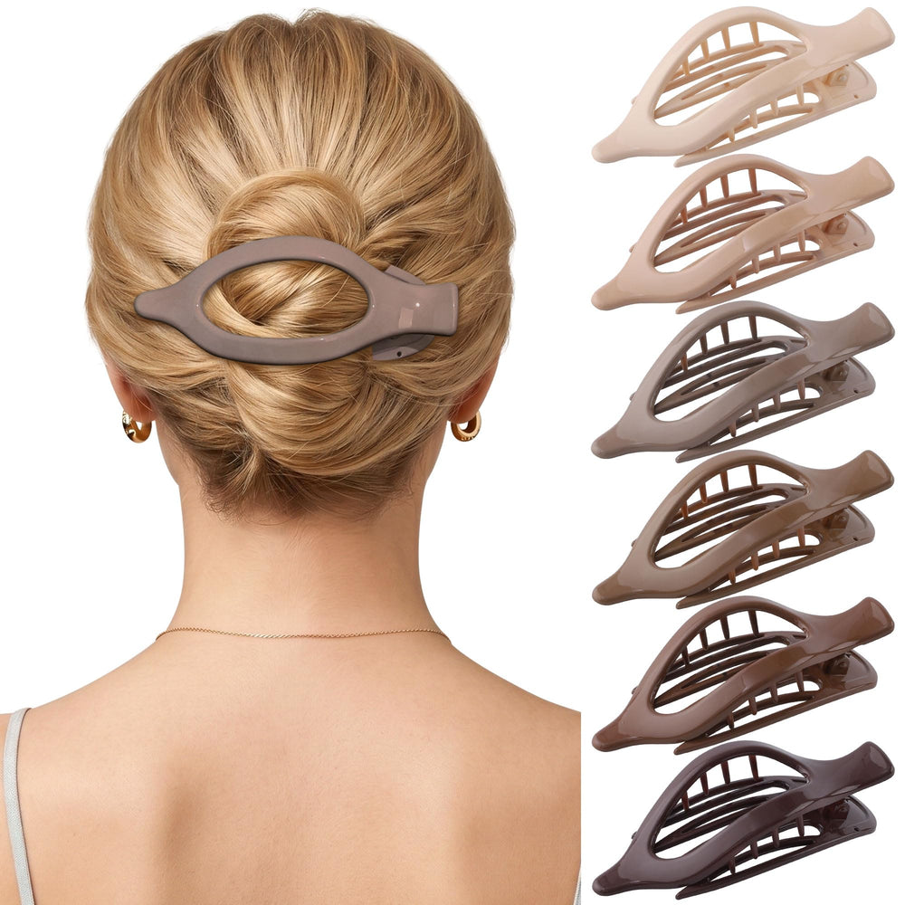 AWAYTR front view of six flat hair clips showing shape and polished colors for stylish hold