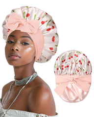 AWAYTR front view of cherry pink reversible satin bonnet showing neat fit and style benefit
