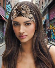 AWAYTR headband worn in a portrait showing versatile styling and comfortable fit