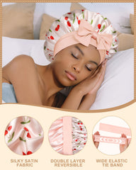 AWAYTR model wearing bonnet in bedtime setting showcasing comfort and hair protection benefit
