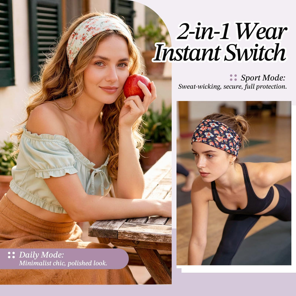 Awumbuk headband in use during yoga keeping hair away