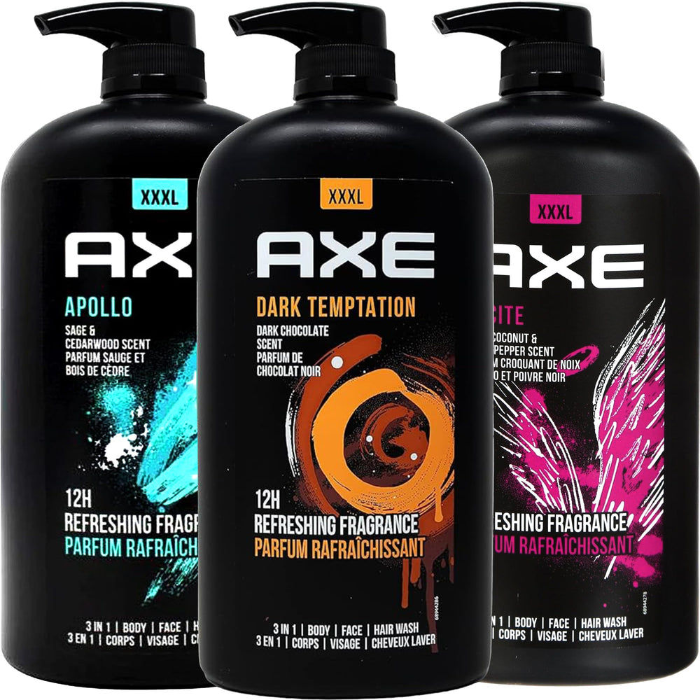 AXE Dark Temptation front pump bottle showing scent and size benefit