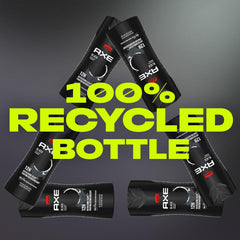 AXE recycled bottle back label showing 100% recycled plastic and sustainable benefit