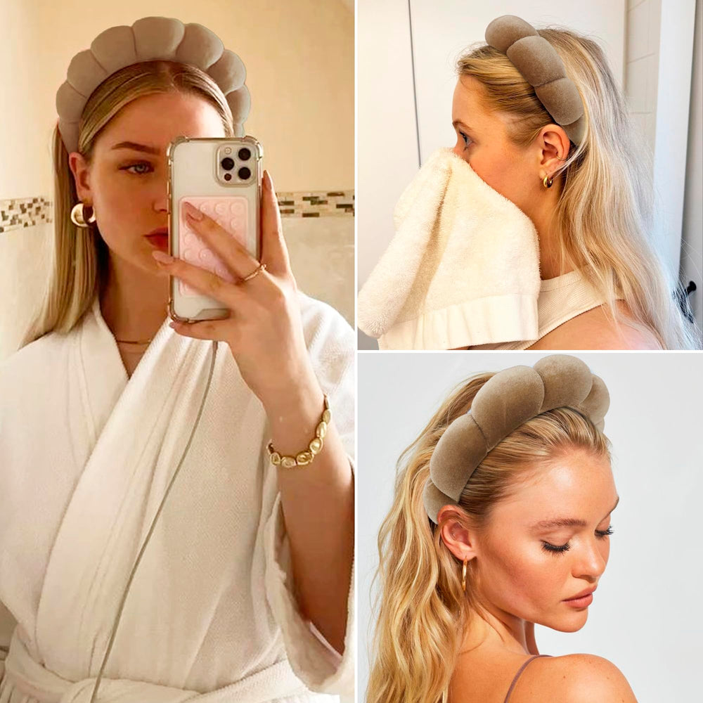 Ayesha headband worn during face washing keeping hair away benefit