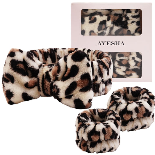 Ayesha cheetah headband and wristbands set front view showing coordinated look and convenience