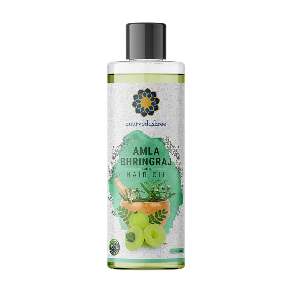 AYURVEDASHREE bottle front view shows natural hair oil packaging and benefits