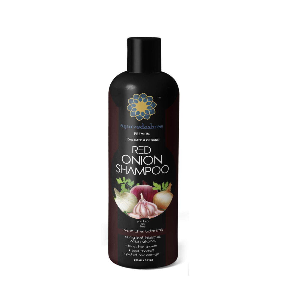 AYURVEDASHREE front packaging showing 200ML bottle and red onion benefits