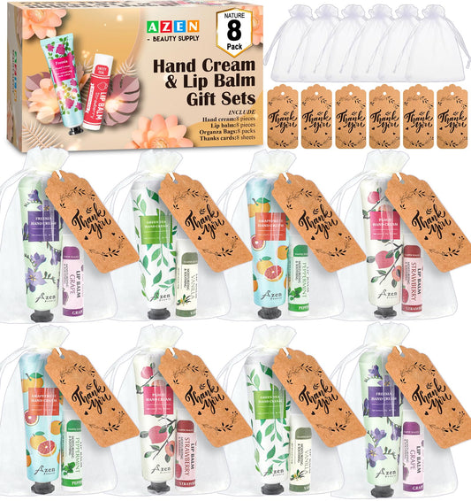 AZEN front packaging of eight hand creams and lip balms showing ready-to-gift set