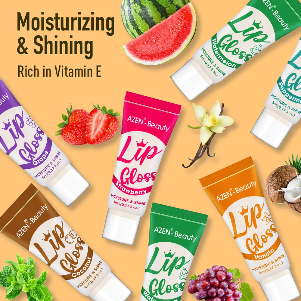 AZEN lip gloss next to coin to show compact travel-friendly size
