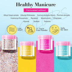 AZUREBEAUTY color swatch array showing pink yellow blue glitter options benefit