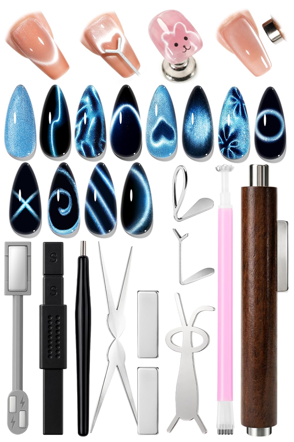 AzureBeauty front kit showing all 11 magnet shapes and wooden pen for versatile effects