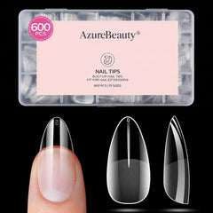 AZUREBEAUTY front packaging showing clear almond nail tips and full set benefits