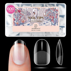 AZUREBEAUTY front packaging showing 600 clear oval nail tips and benefits of quantity