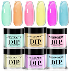 AzureBeauty front packaging showing six jelly pastel dip powders and kit contents for easy selection