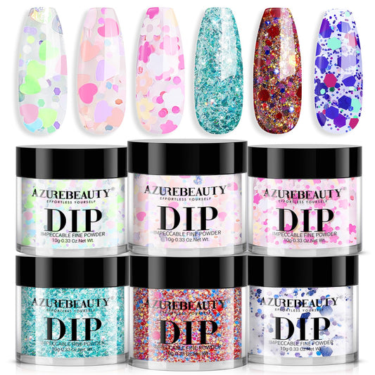 AZUREBEAUTY front packaging showing six dip powder jars and included accessories for quick setup