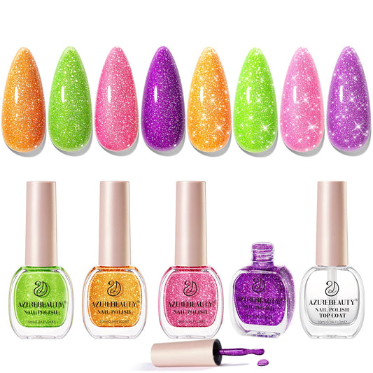 AZUREBEAUTY front packaging showing all four neon polishes and top coat, perfect gift