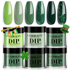 AZUREBEAUTY front packaging showing six green dip powders and benefits