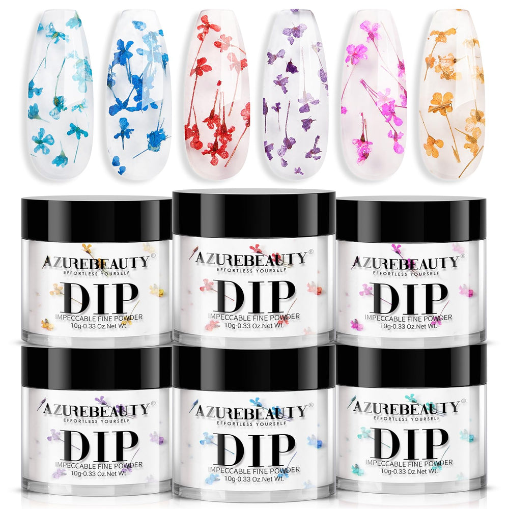 AZUREBEAUTY front packaging showing six clear dip powder boxes and dried flowers benefit visible