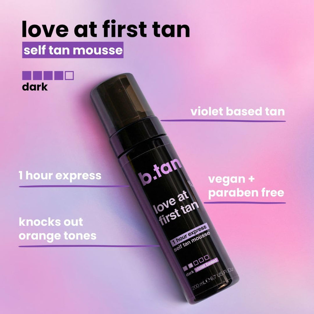 b.tan application with mitt on arm, demonstrates smooth, streak-free coverage benefit