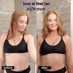 b.tan face application detail on cheek, shows gentle, buildable coverage for face benefit
