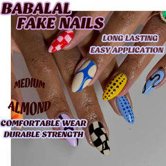 BABALAL glue and press-on set displayed to show included adhesive and easy use