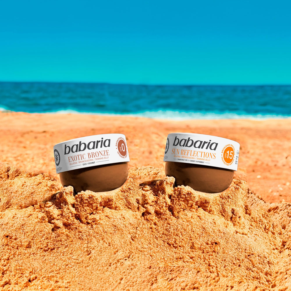 Babaria in beach setting conveying waterproof use and lifestyle benefit