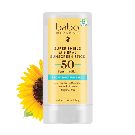 Babo Botanicals Super Shield stick front view showing compact design and SPF 50 protection