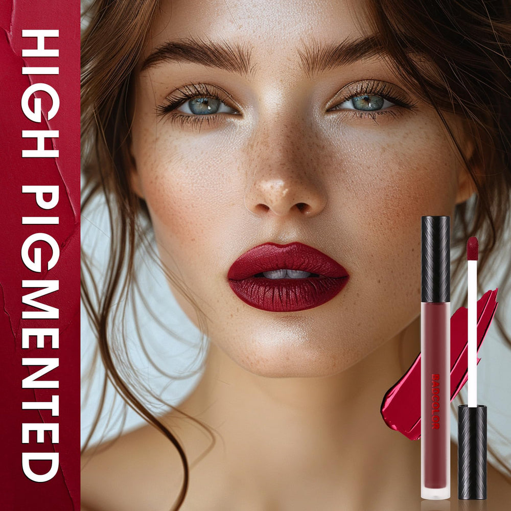 BADCOLOR ruby red applied to lips showing velvet finish and high impact