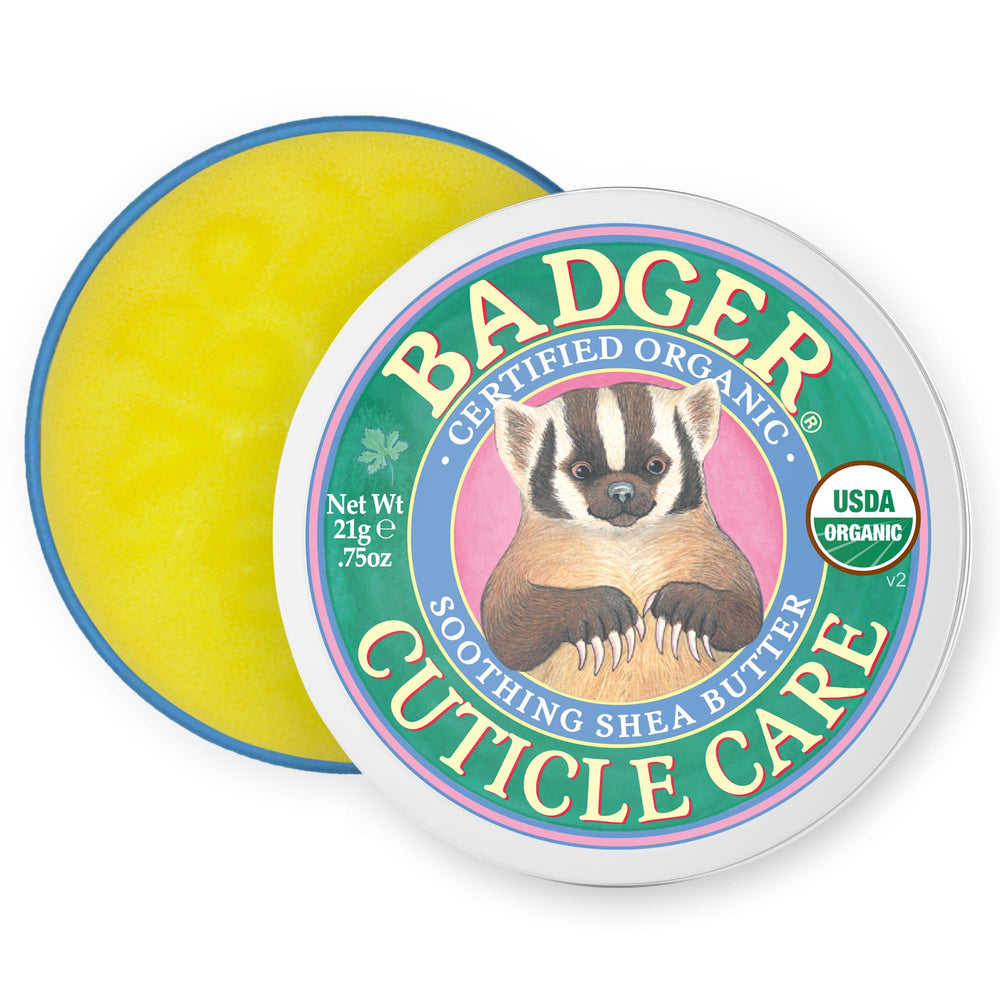 Badger front tin showing compact organic cuticle cream for travel