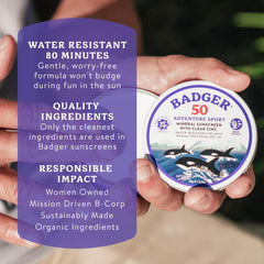 Badger sunscreen applied to face illustrating gentle, non-stinging feel