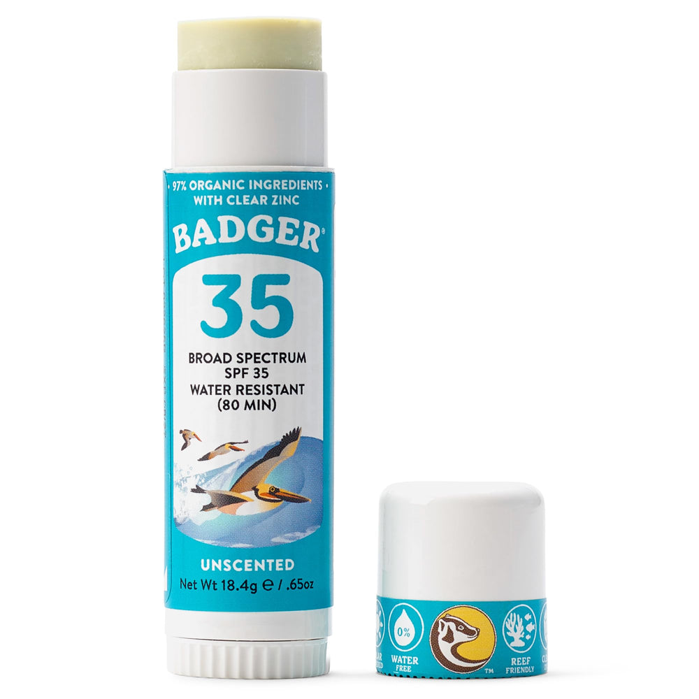 Badger face stick front packaging showing SPF 35 and travel size benefit