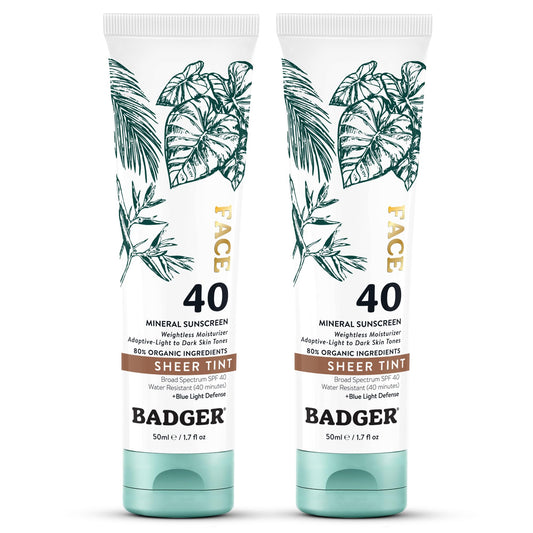 Badger front packaging of tinted SPF 40 showing warm finish benefits