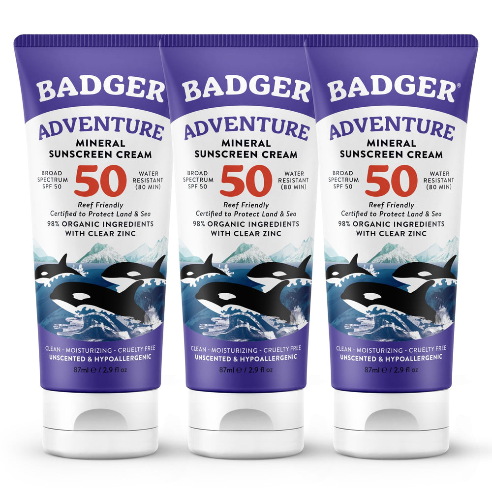 Badger front packaging showing SPF 50 unscented protection for outdoor use