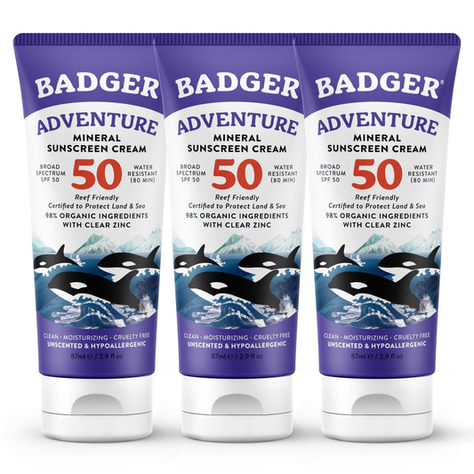 Badger front packaging showing SPF 50 unscented protection for outdoor use
