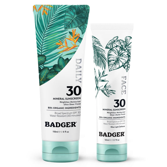 Badger front packaging showing two SPF 30 tubes and quick routine benefit
