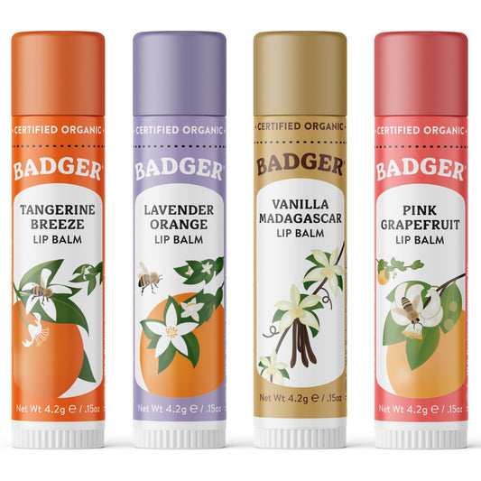 Badger front yellow box with four organic lip balms and clear view