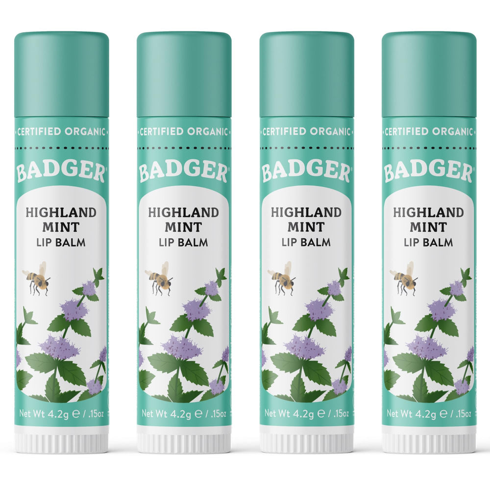 Badger front tube of Highland Mint lip balm showing compact packaging and portability