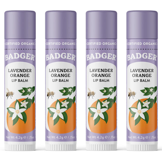 Badger front view of lavender orange tube showing label and applicator benefits