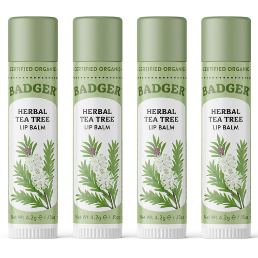 Badger front packaging showing organic tea tree lip balm benefits