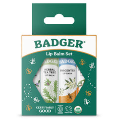Badger open set with four lip balm sticks displayed for variety and convenience