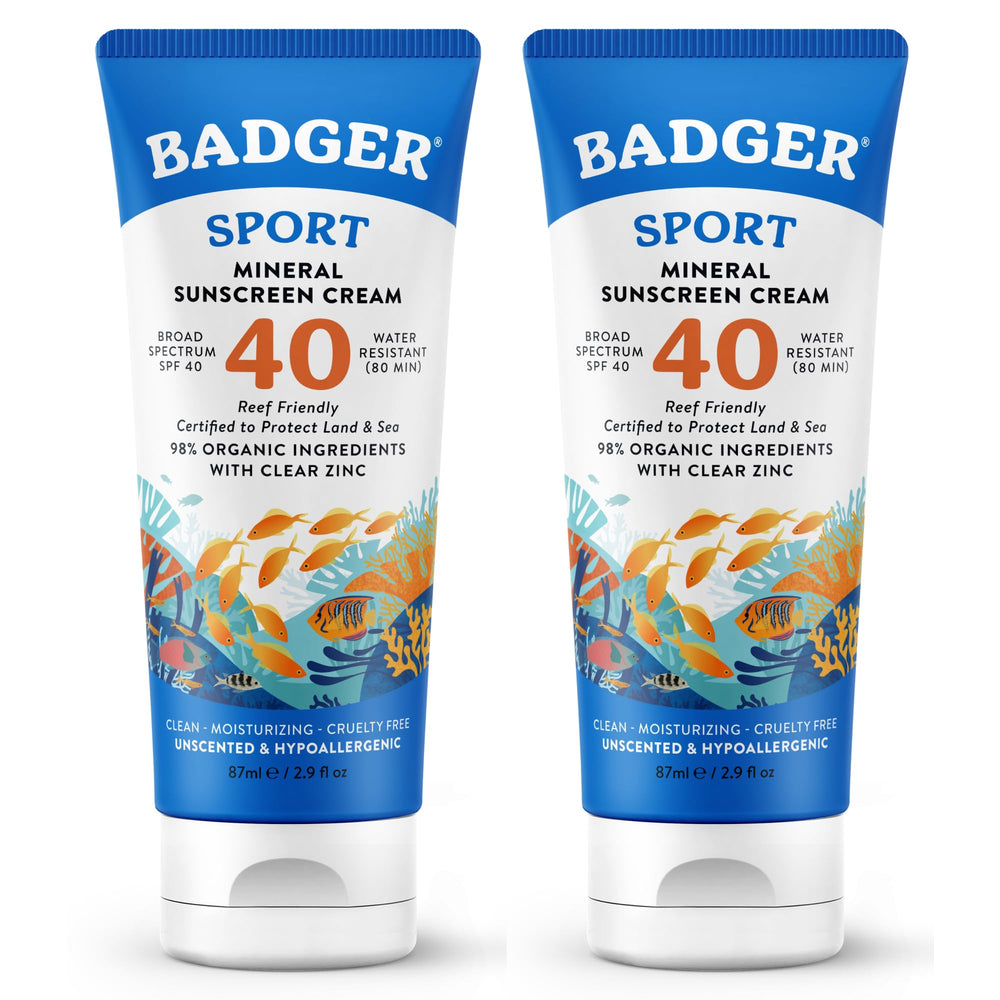 Badger sport front packaging showing SPF 40 and unscented benefit