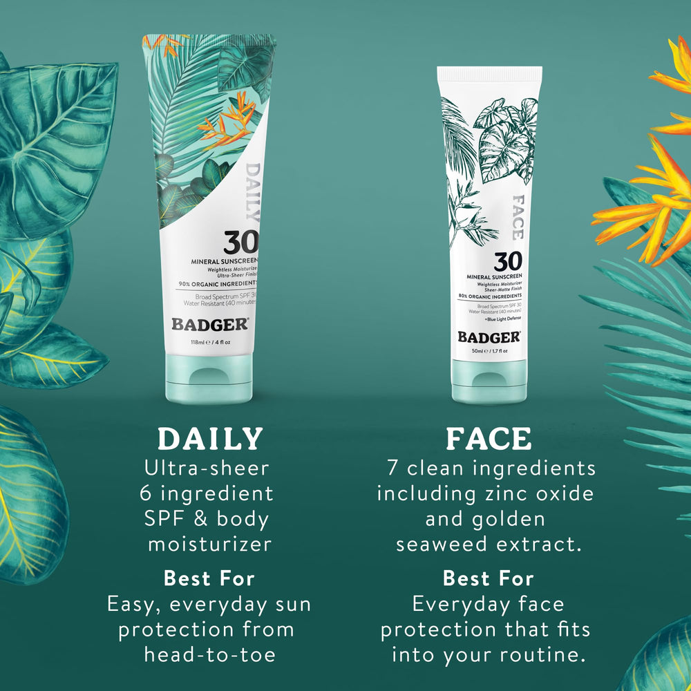 Applying Badger sunscreen on forehead to show smooth blend and protection