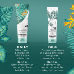 Applying Badger sunscreen on forehead to show smooth blend and protection